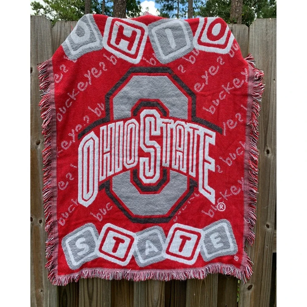Vintage Ohio State Buckeyes Throw Blanket Woven Fringe Tapestry College 35x46